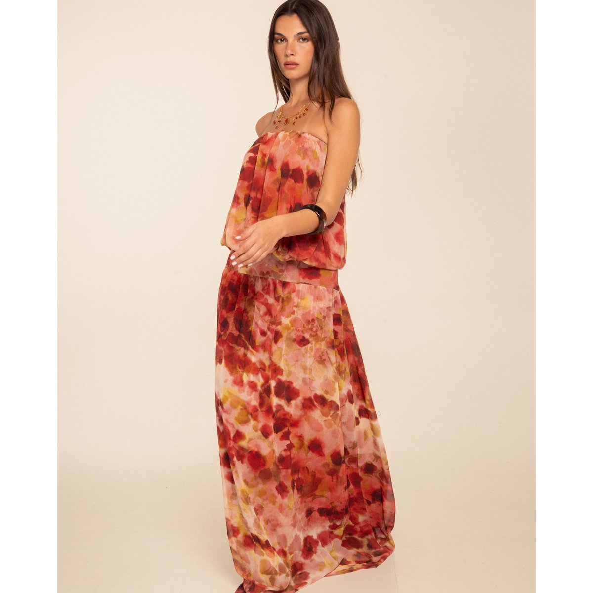 Robe maxi bustier à imprimé aquarelle et empiècement large multicolore, THE-ARE