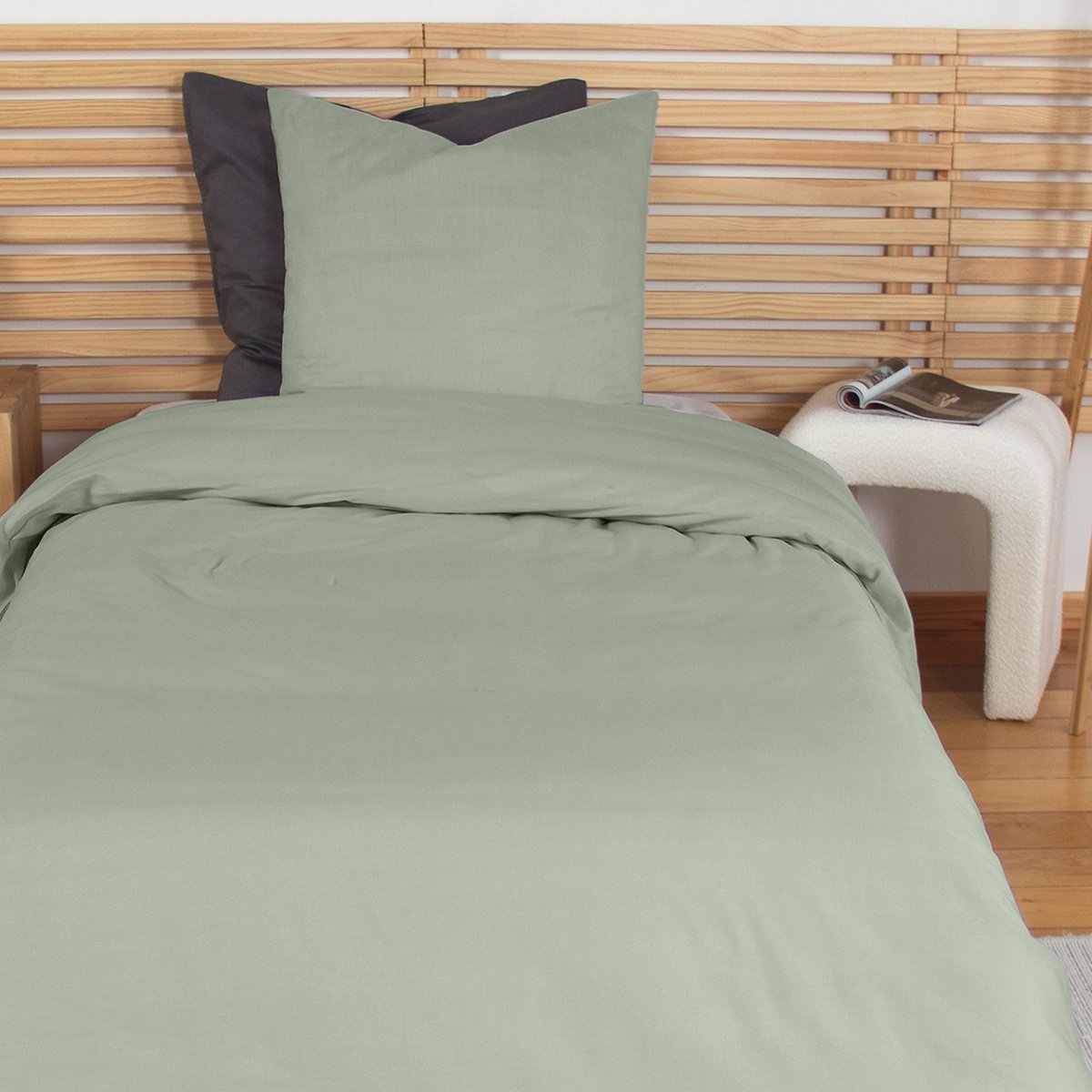 Parure de lit - housse de couette avec taies en percale de coton sauge, EDEN