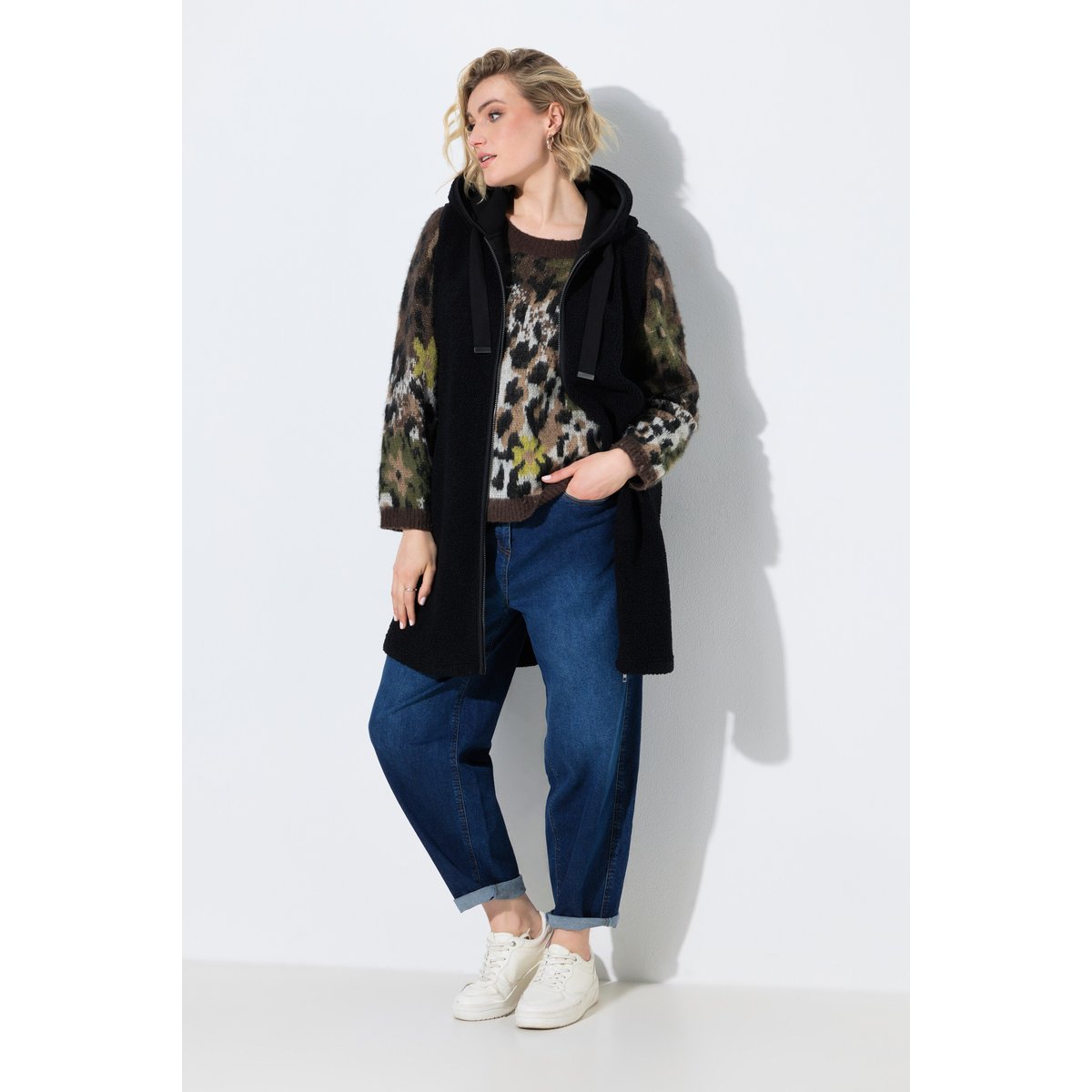 Long gilet en polaire teddy, coupe en A noir, ULLA POPKEN