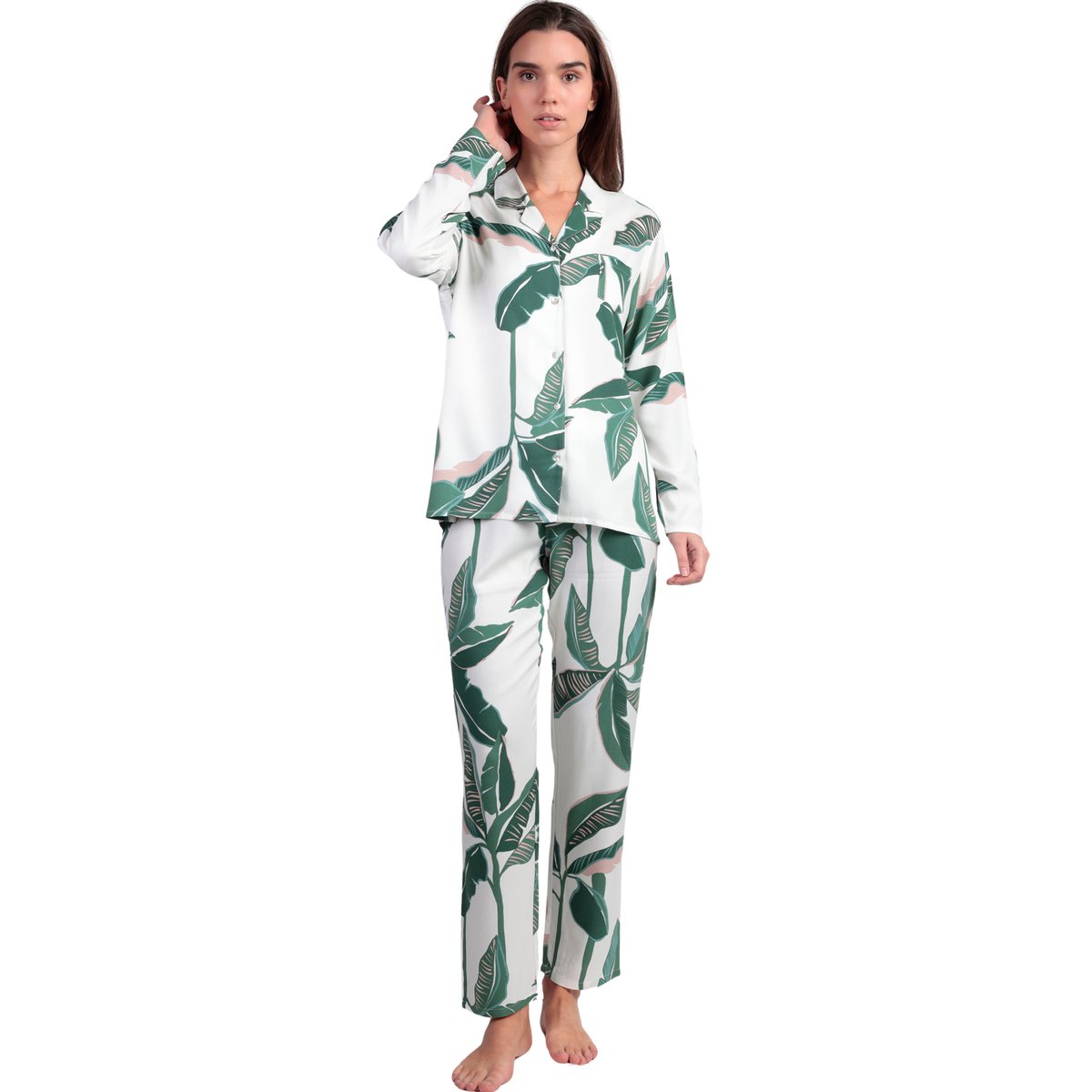 Pyjama pantalon chemise manches longues Luxury Leaves vert, ADMAS