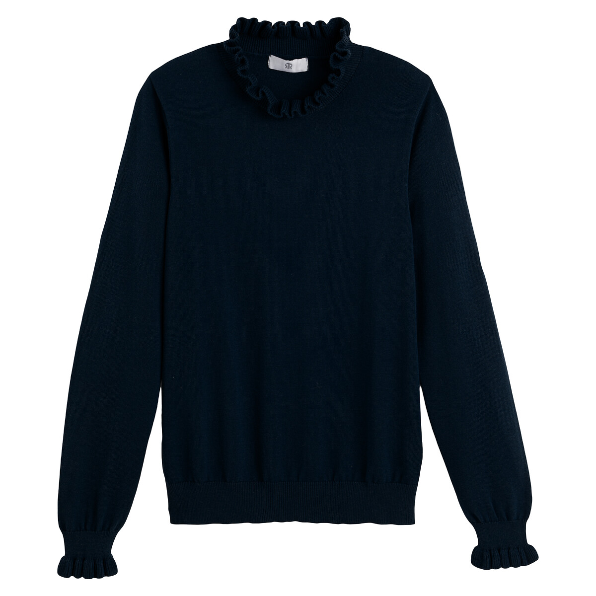 Cotton Long Sleeve Jumper with Ruffled High Neck navy blue, LA REDOUTE COLLECTIONS