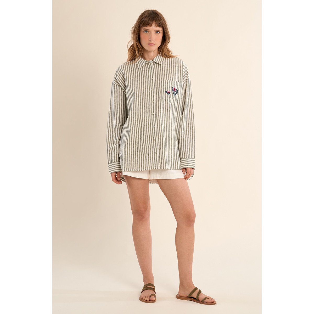 Chemise en coton, rayée khaki, MOLLY BRACKEN