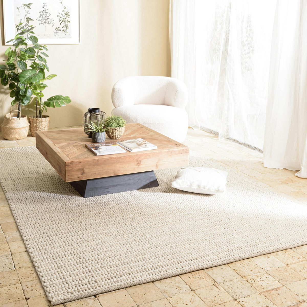 Tapis rectangulaire 200 x 290 cm laine tissée beige beige, PIER IMPORT