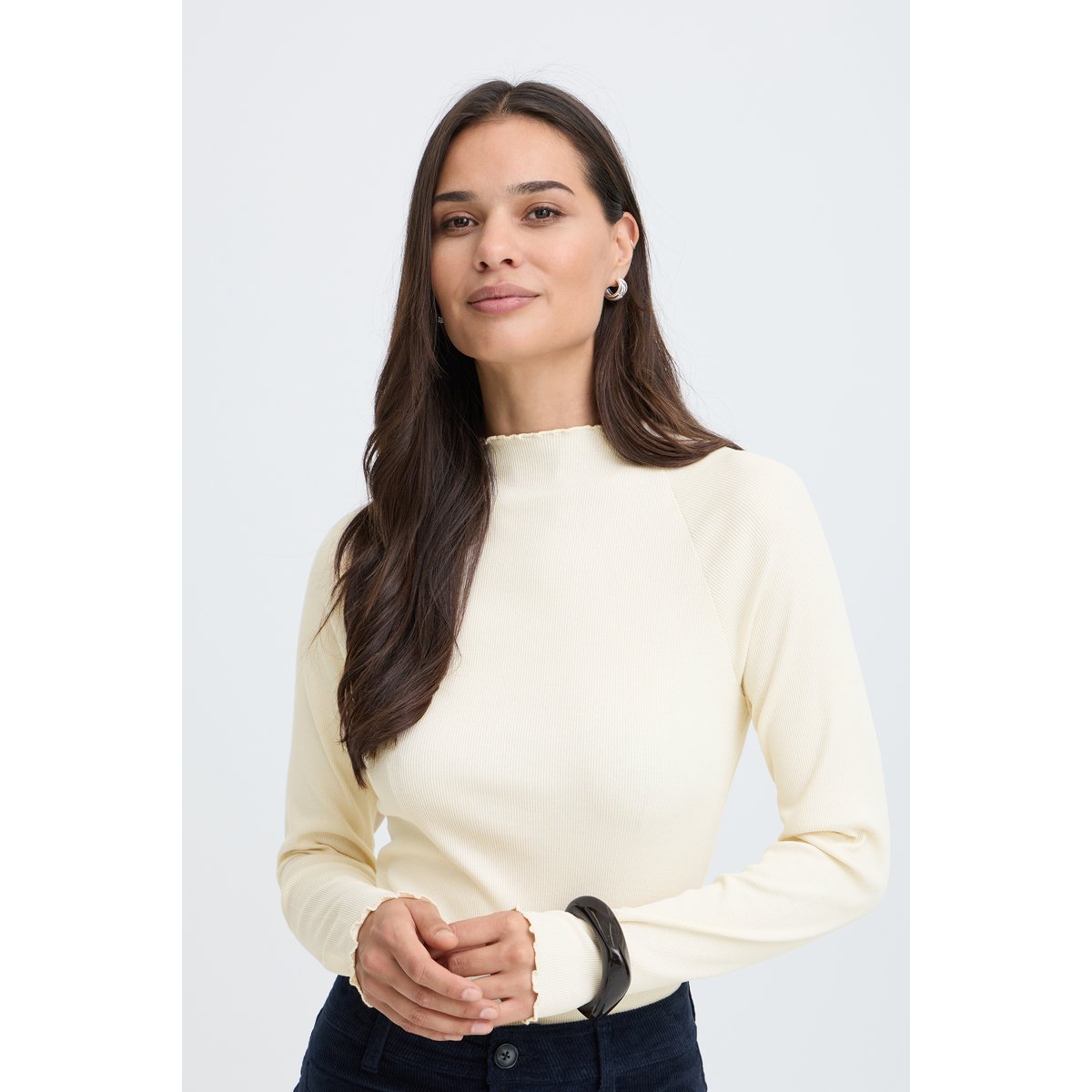 T-shirt manches longues, coupe ajustée, col montant blanc birch, B.YOUNG