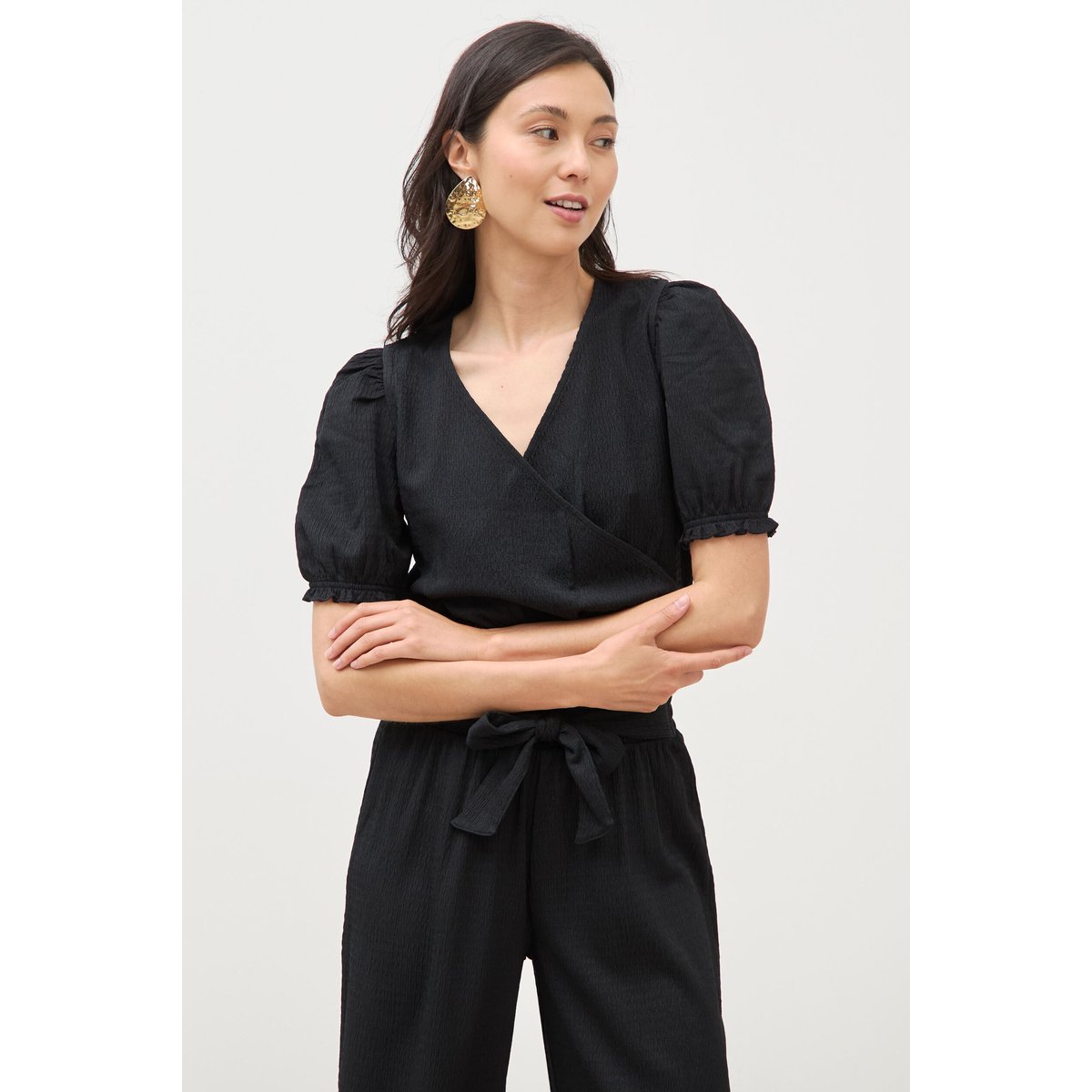 Blouse cropped manches courtes noir, BONOBO