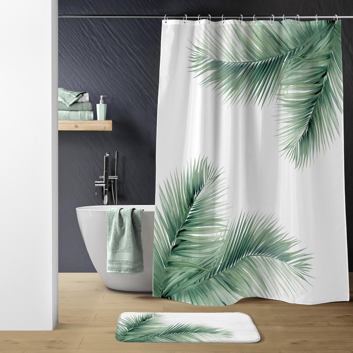 Rideau de douche avec crochets Havane vert, EDEN