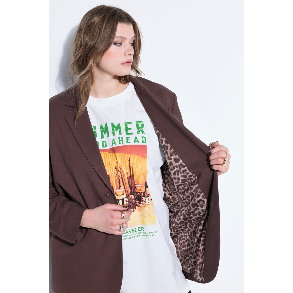 Blazer oversize à revers, doublure léopard chocolat, STUDIO UNTOLD