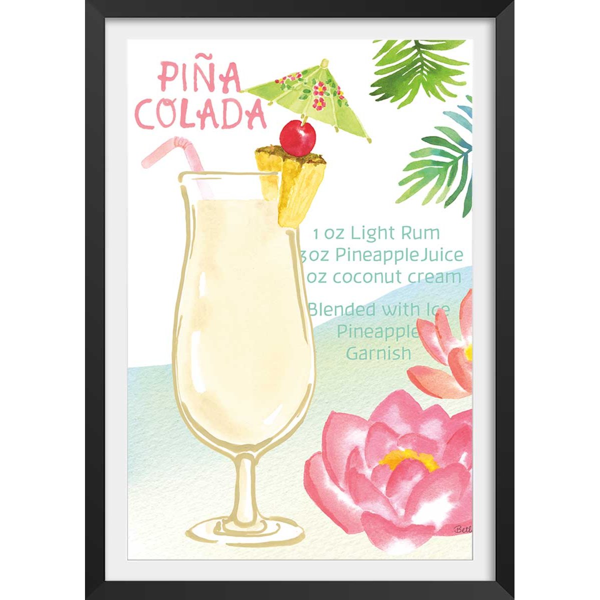 Affiche Pina colada en aquarelle affiche + cadre en bois - noir, HEXOA