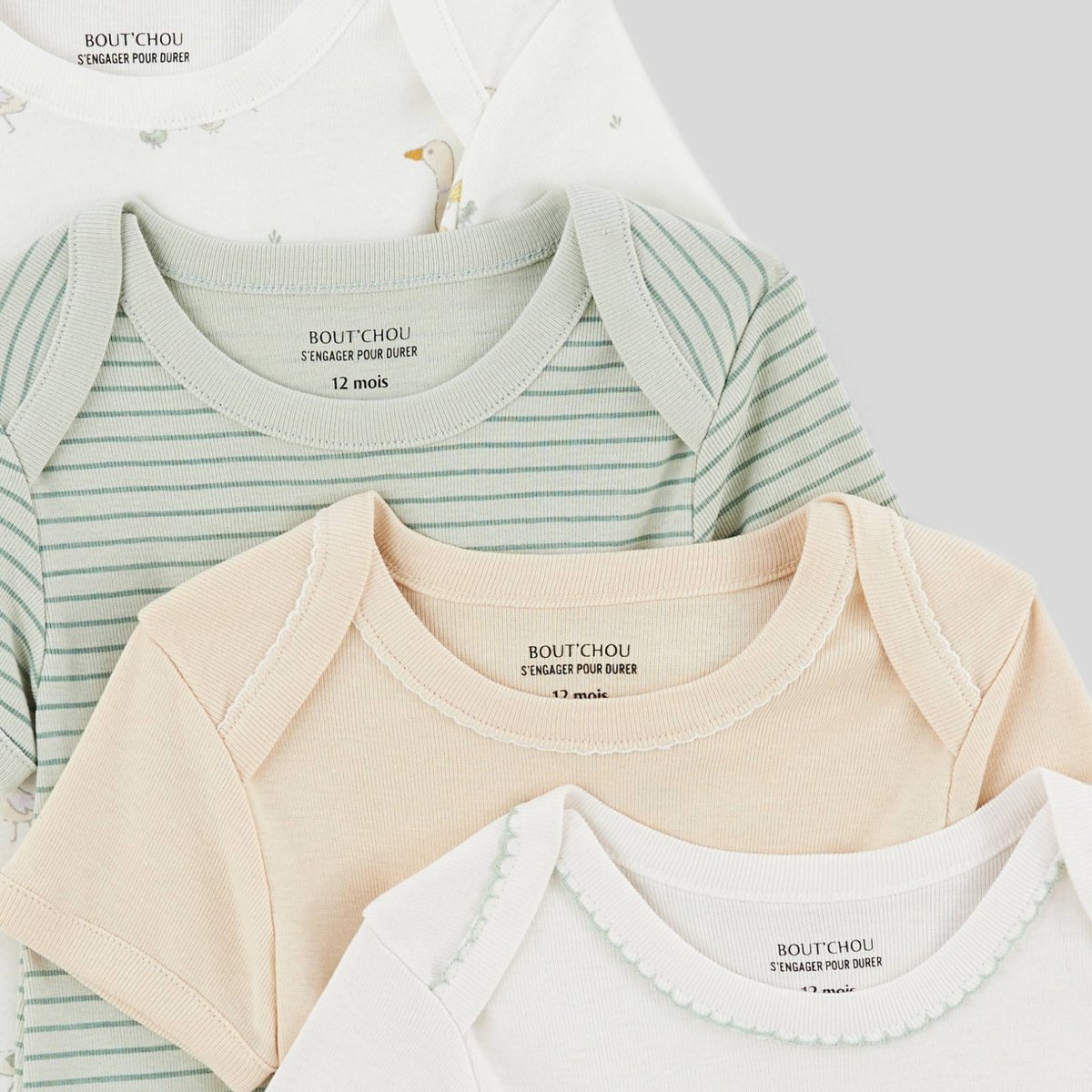 Lot de 5 bodies manches courtes imprimé en coton BIO ecru, BOUT'CHOU