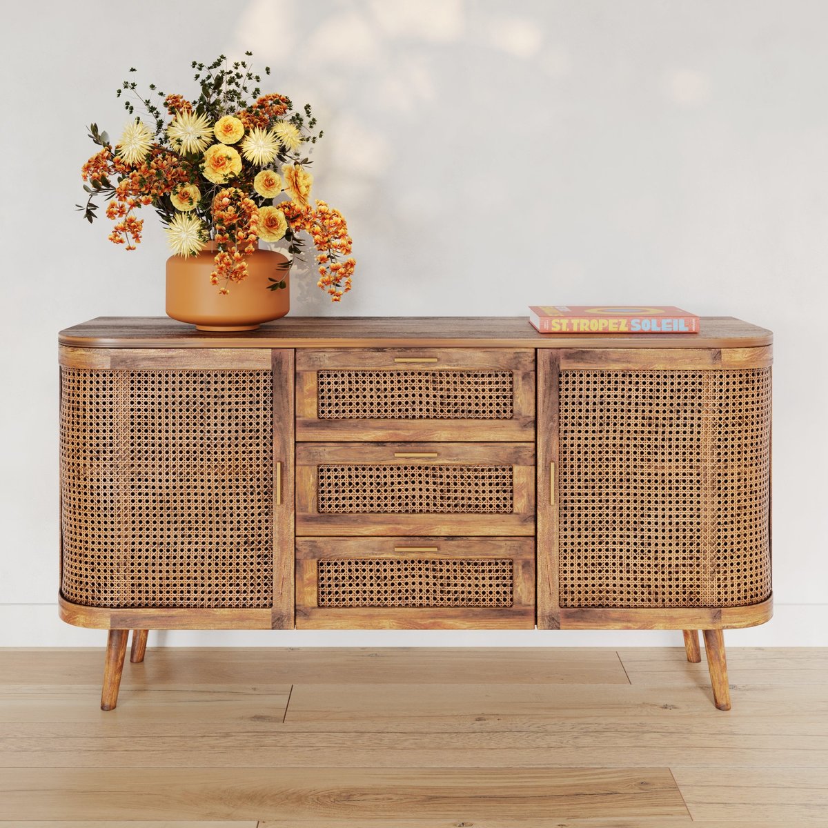 Buffet 2 portes et 3 tiroirs en cannage - WAVA marron clair, MAISON PAVANE