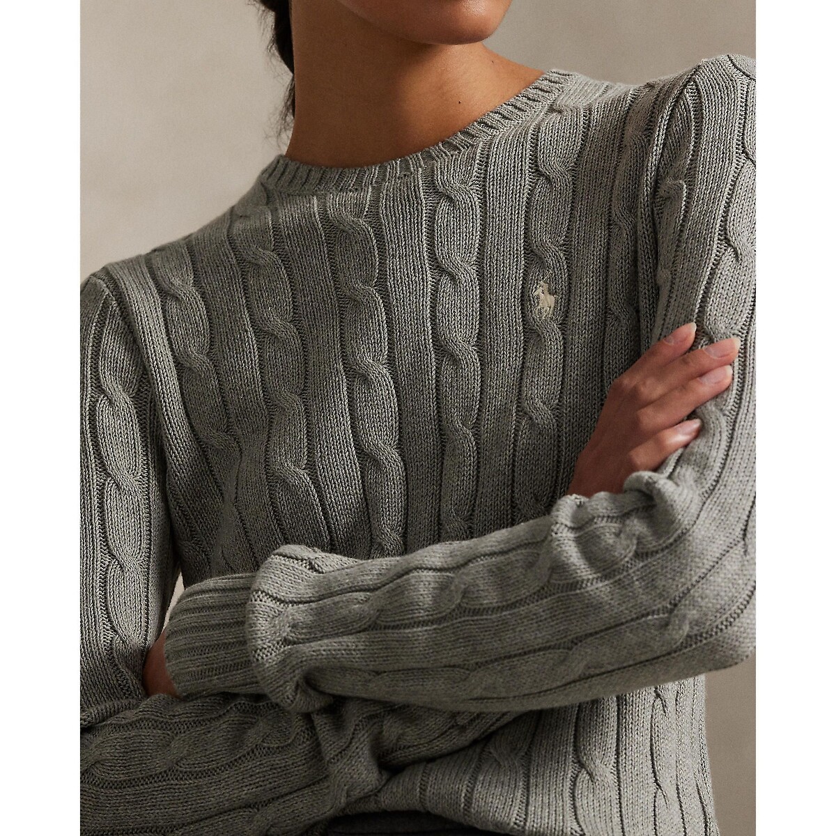 Pull à col rond, à manches longues, en maille torsadée gris, POLO RALPH LAUREN