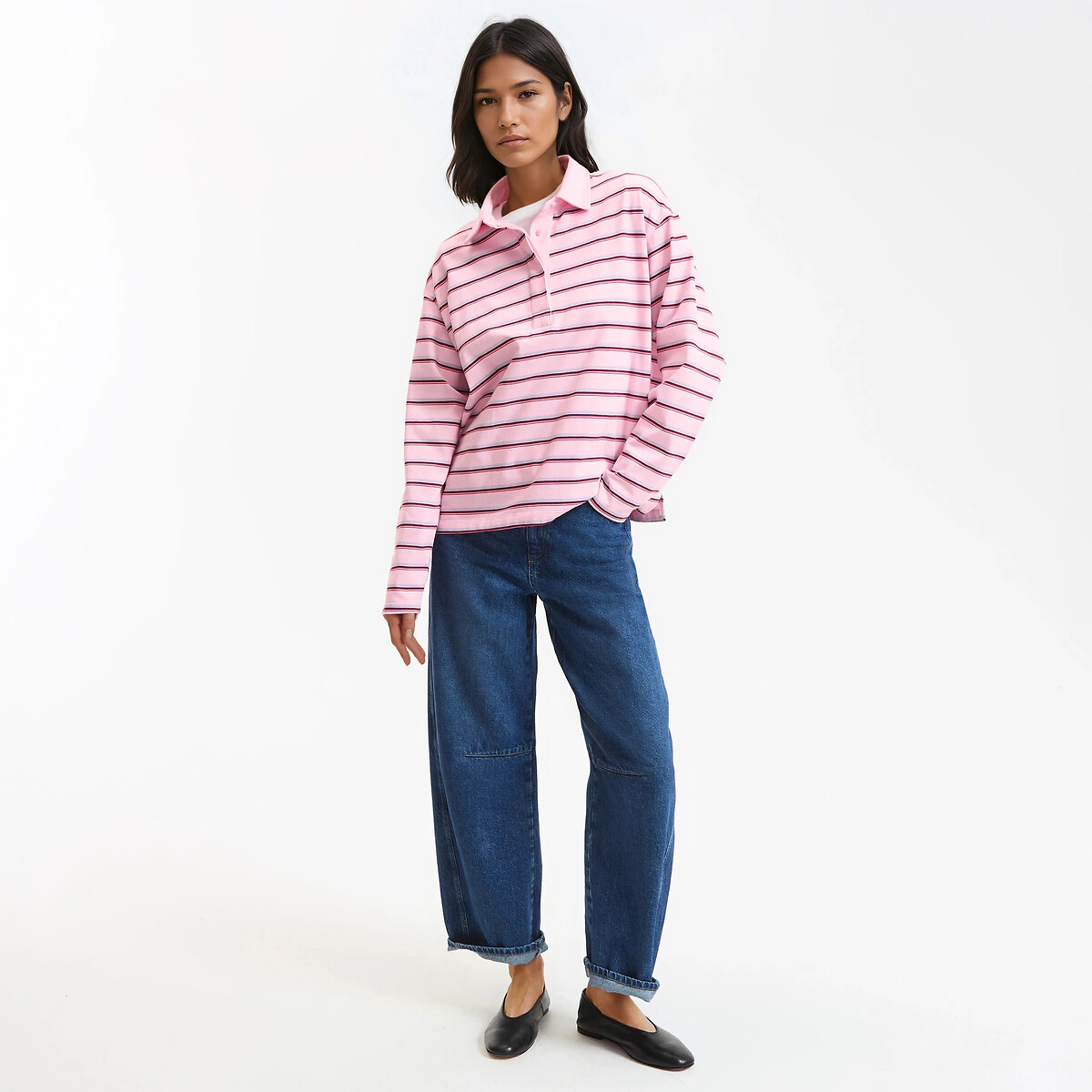 T-shirt col polo, manches longues, à rayures rayé rose, LA REDOUTE COLLECTIONS
