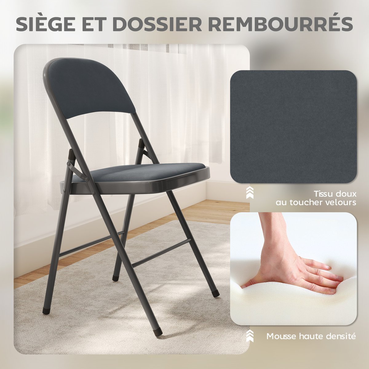 Chaise pliante Velours (100 % polyester) Gris gris foncé, HOMCOM
