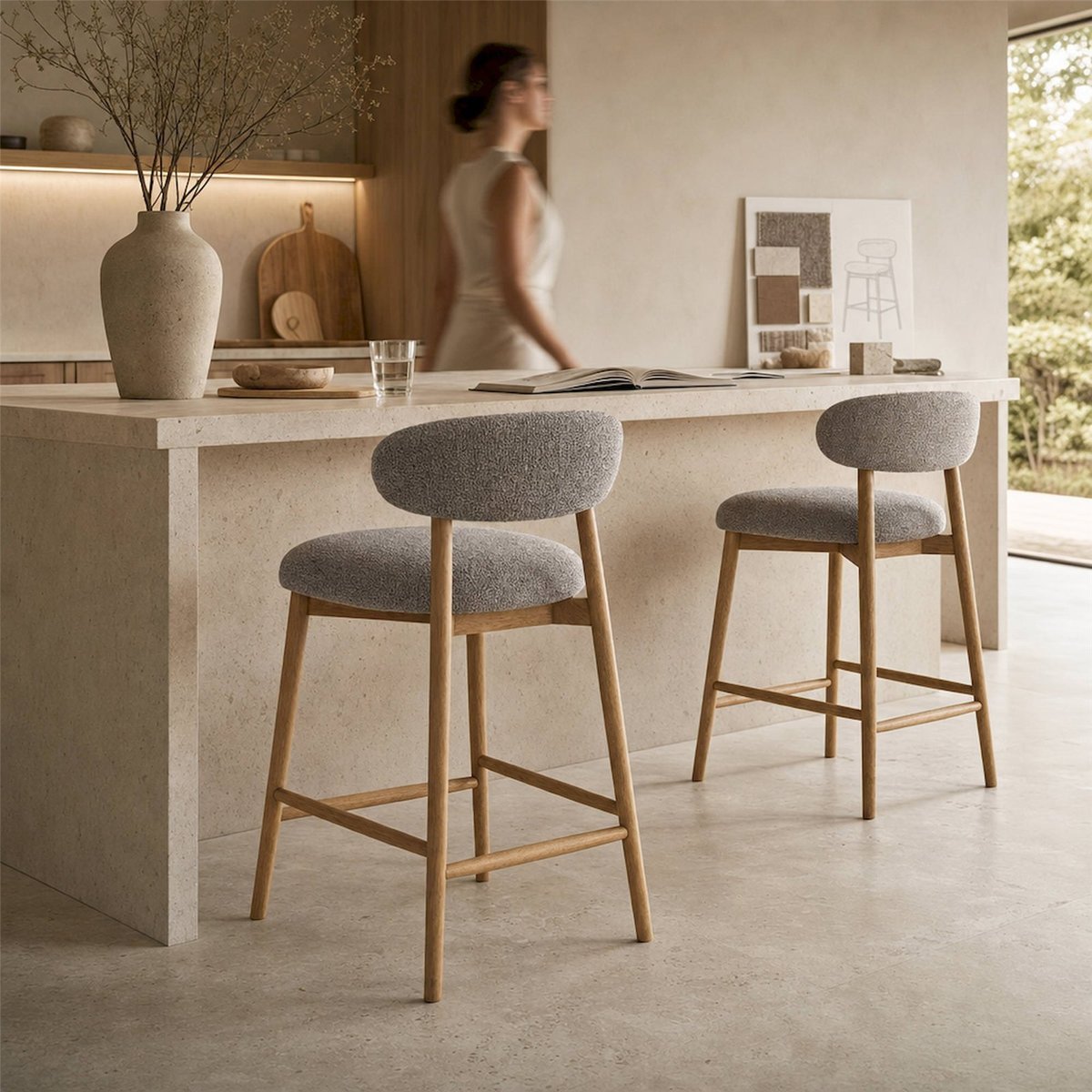 Tabouret de bar collection S.ERLEC taupe et bois clair, RECOLLECTION