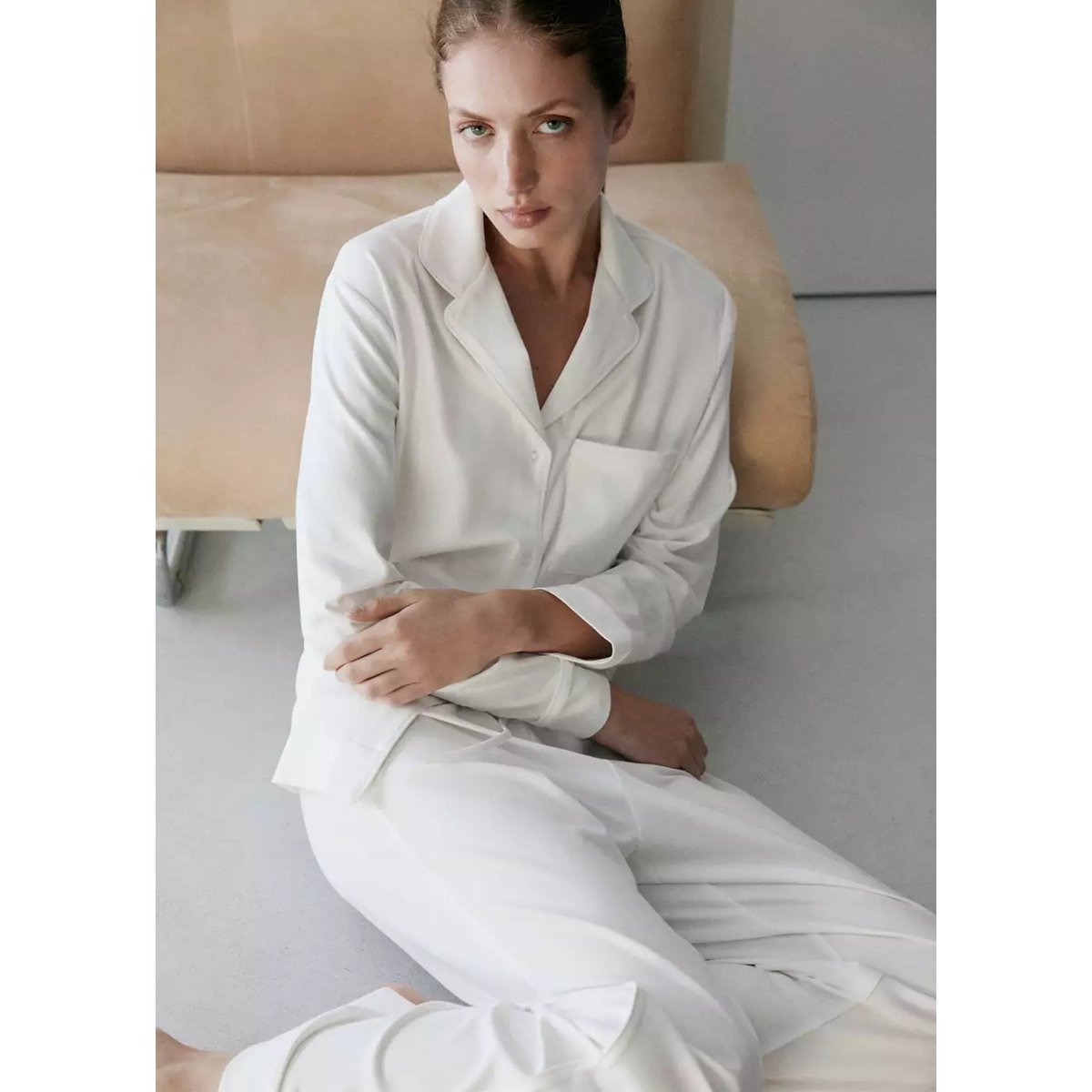 Pantalon de pyjama en coton extensible à taille ajustable blanc, MANGO