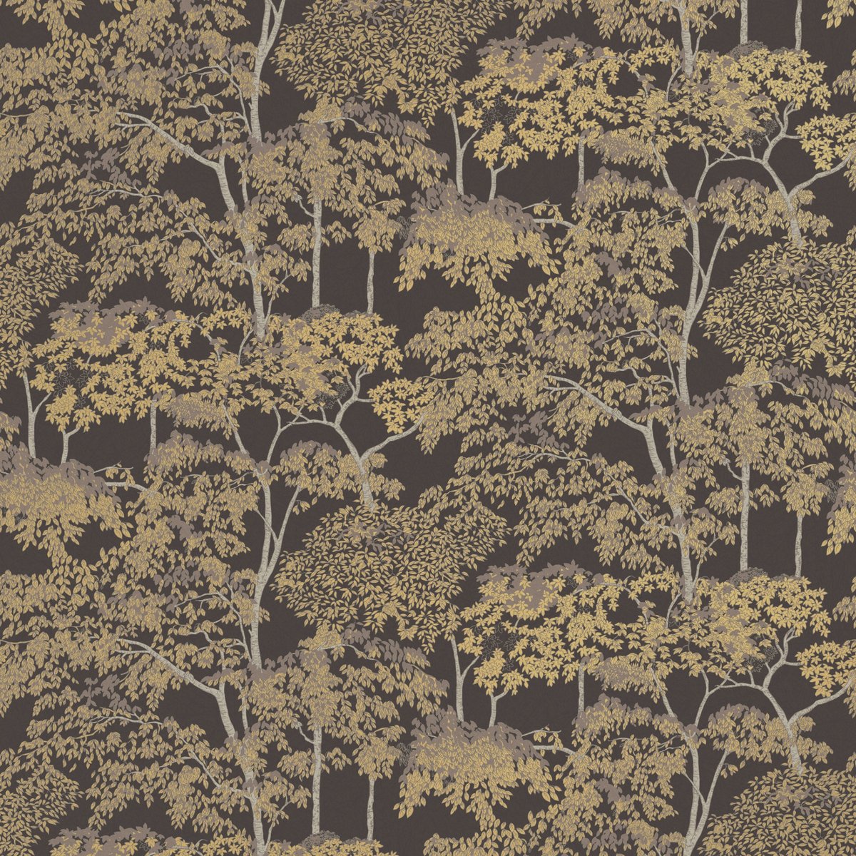 Papier peint Arbres scintillants Idyll Tree Elderton brun, or, argent, GRAHAM ET BROWN