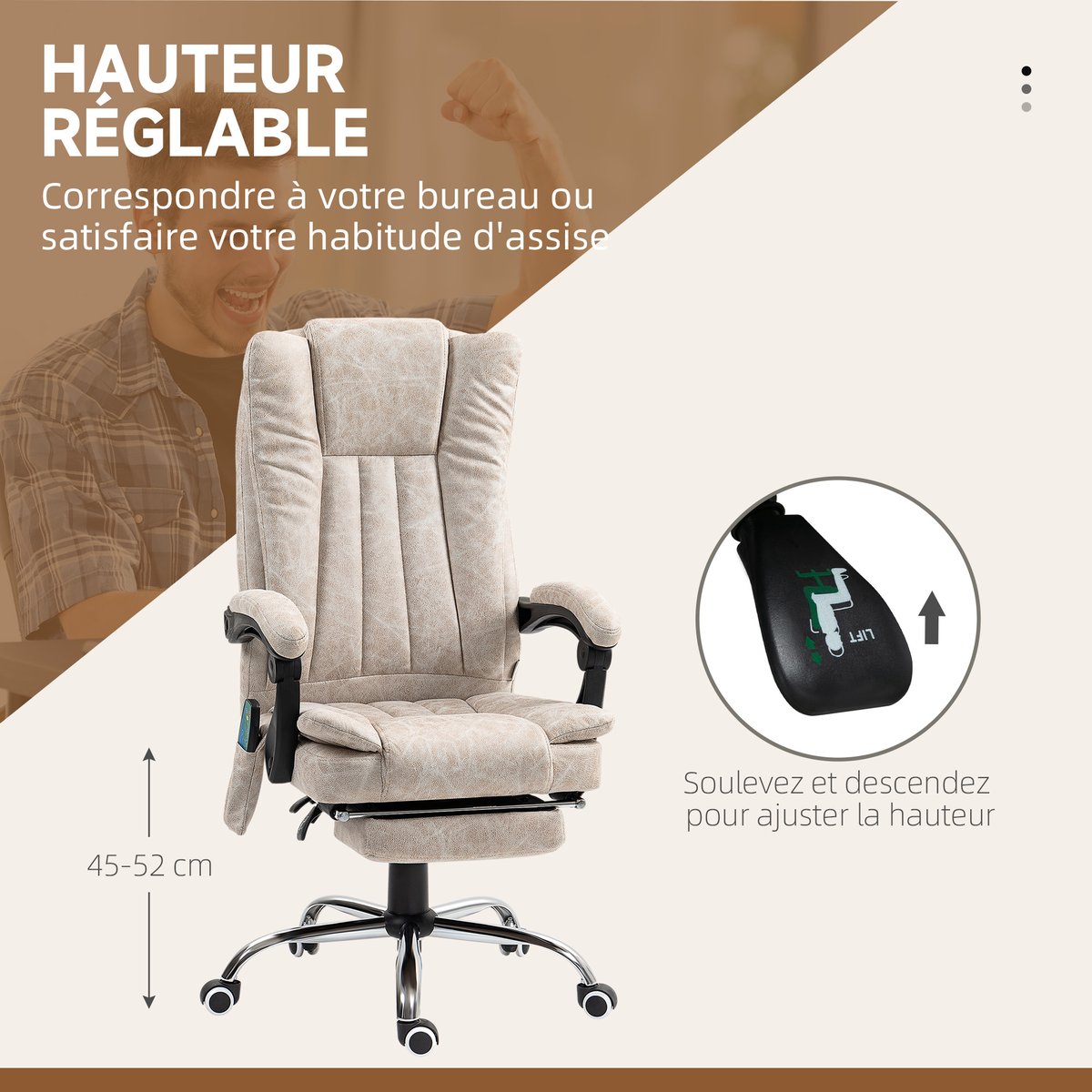 Fauteuil de bureau avec fonction massage crème, HOMCOM