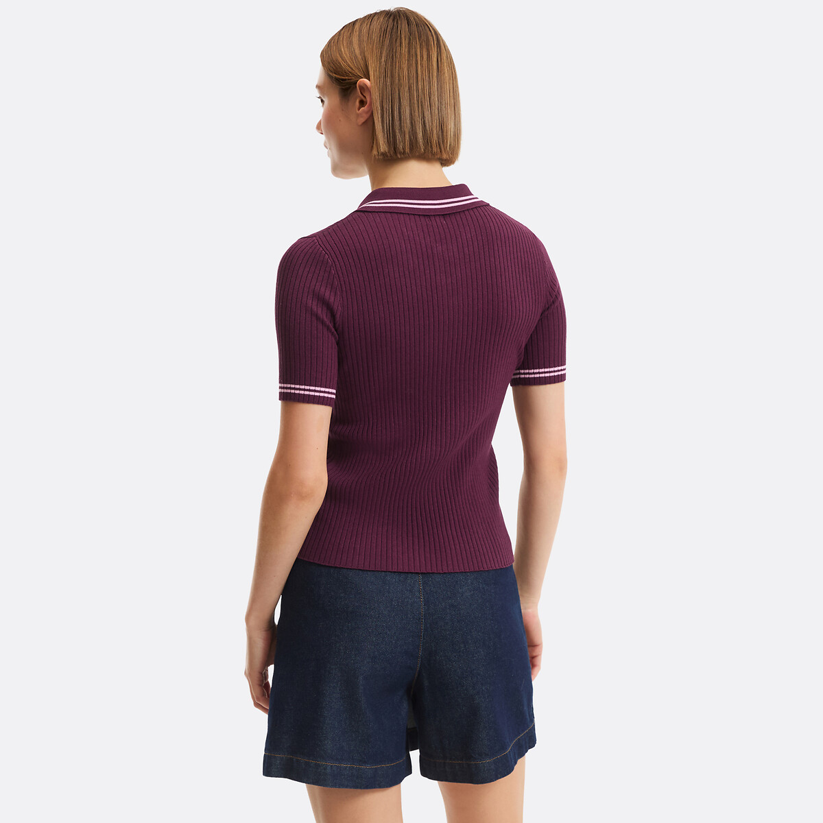 Pull col polo, manches courtes, en fine maille côtelée violet prune, LA REDOUTE COLLECTIONS