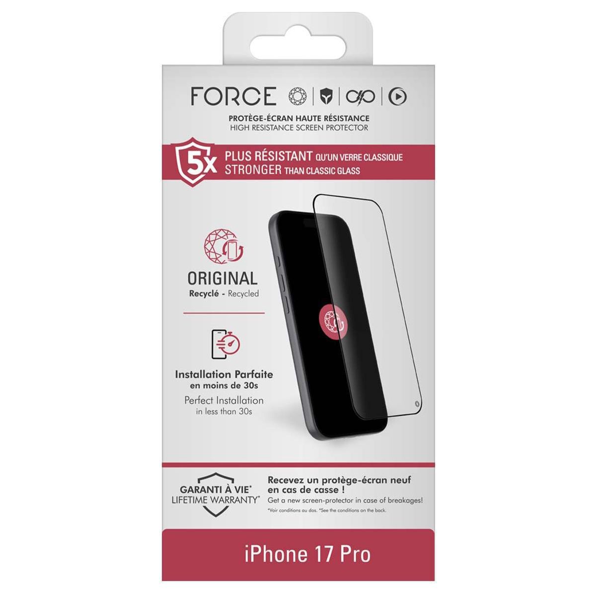 Protège écran iPhone 17 Pro couleur unique, FORCE GLASS