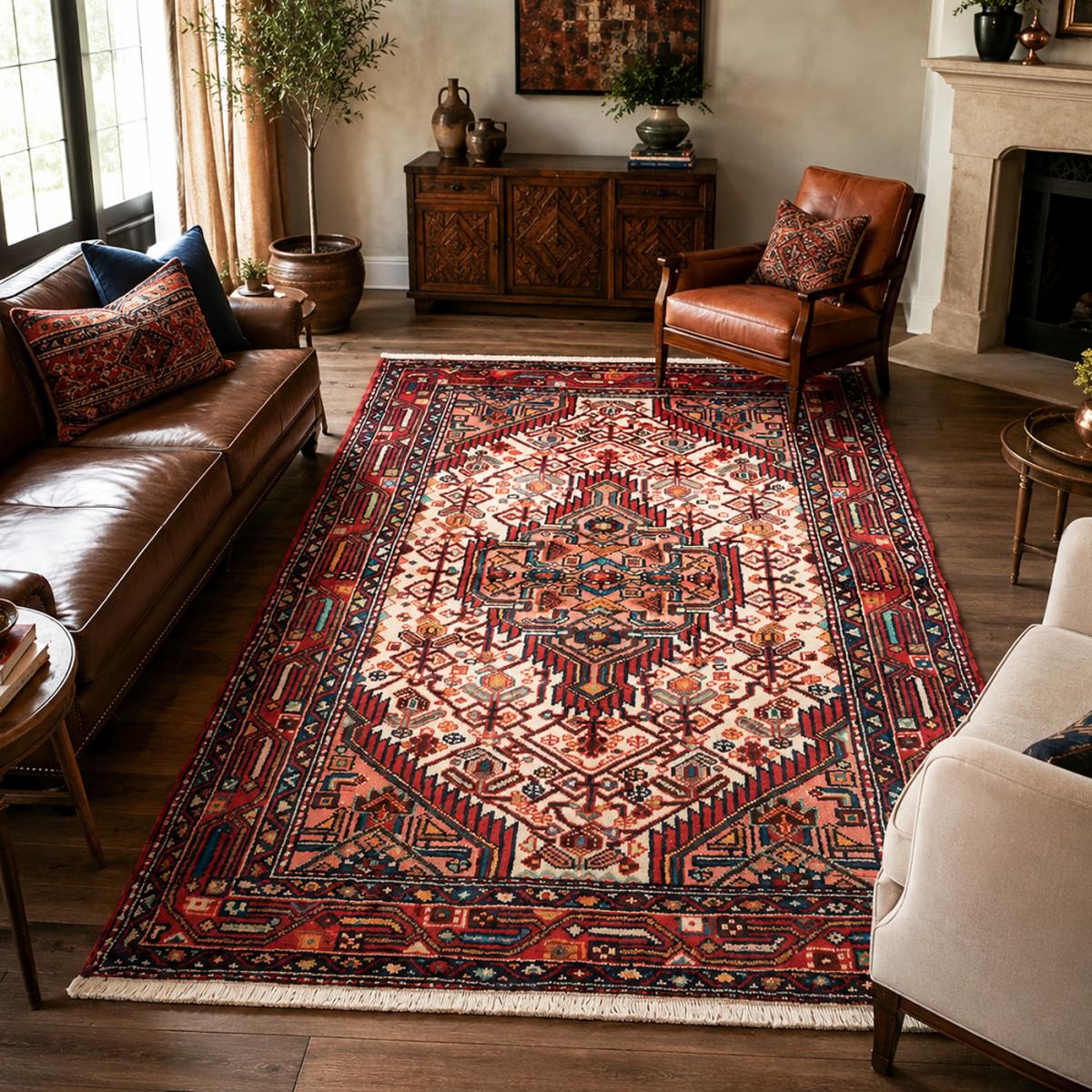 Tapis d'orient au motif oriental, noué main, HAMADAN 15 rouge, bleu, crème, UN AMOUR DE TAPIS