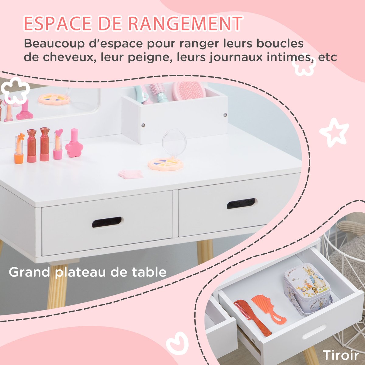 Ensemble de coiffeuse pour enfants MDF Blanc blanc et bois, ZONEKIZ