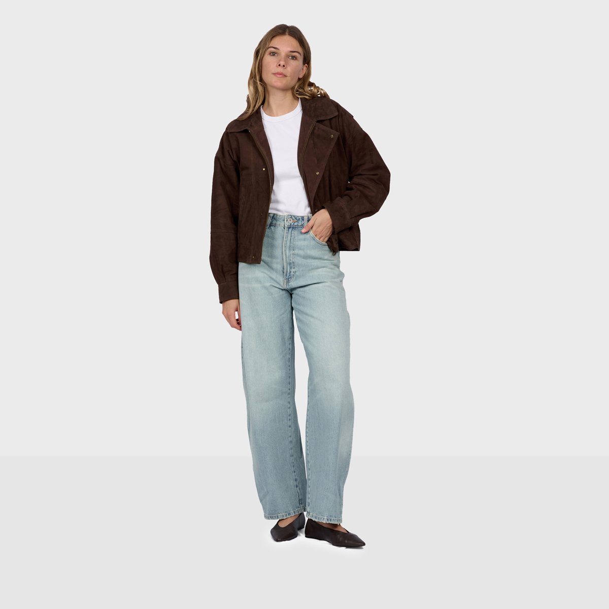 Blouson en cuir suède à col chemise RIVIERA chocolat, OAKWOOD
