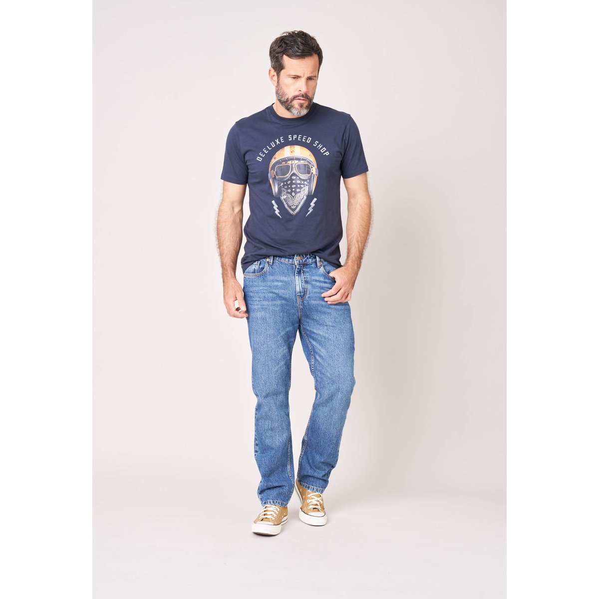 Jean straight homme en 100% coton bleu délavé SAUL stone used, DEELUXE