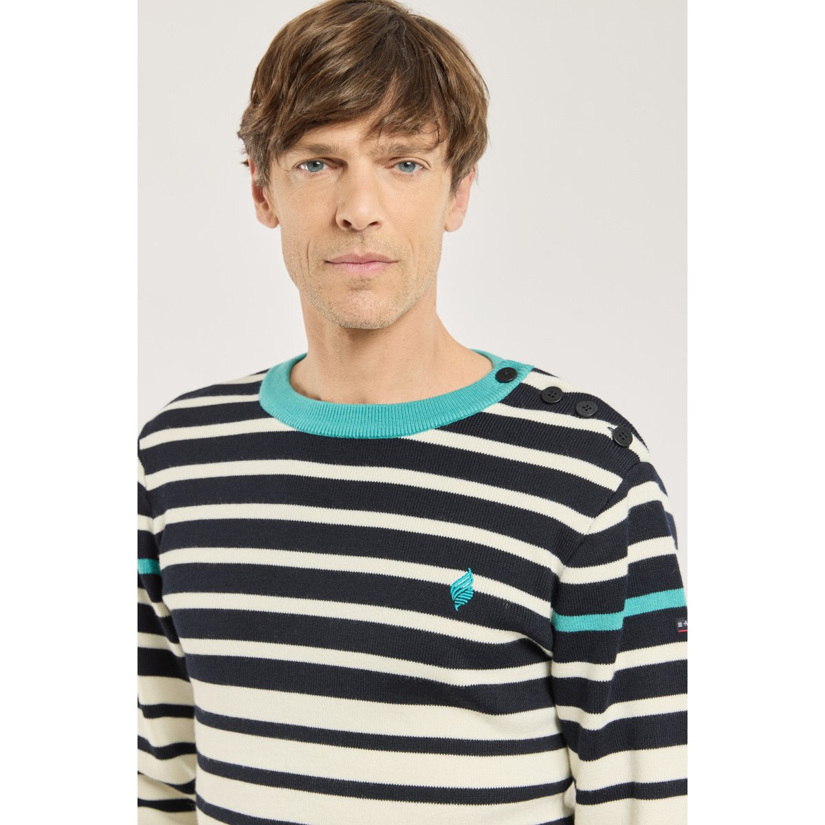 Pull marin - laine et acrylique blanc/ marine deep/ pool b, ARMOR-LUX