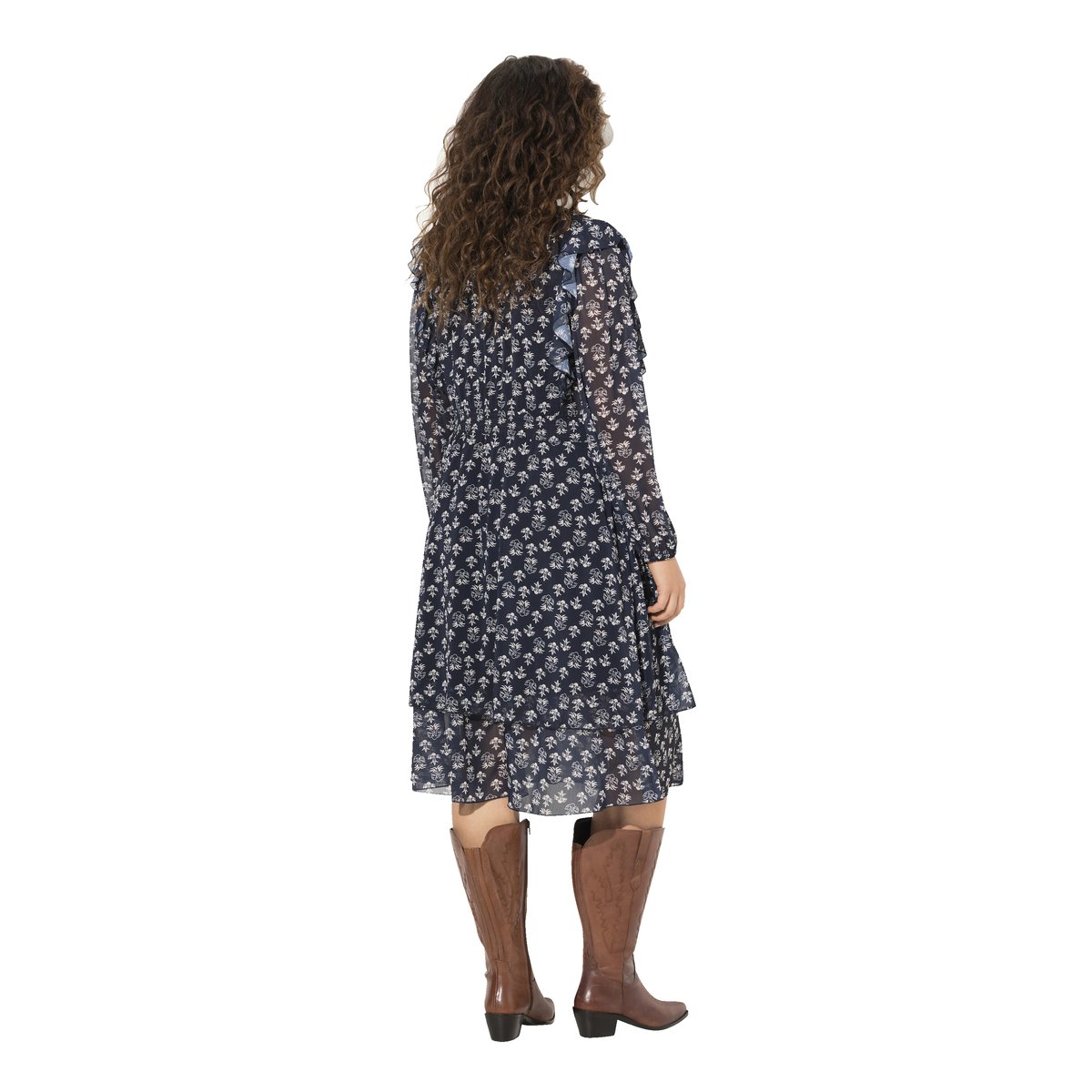 Robe doublée avec ruchés. Décolleté en V marine, ULLA POPKEN
