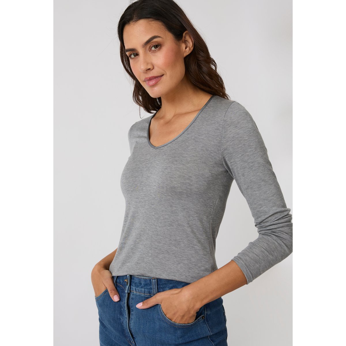 T-shirt Thermolactyl Sensitive manches longue col V gris chiné foncé, DAMART