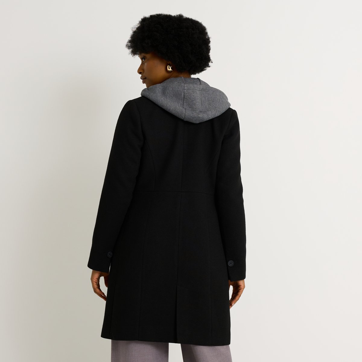 Manteau mi-long capuche amovible noir, GRAIN DE MALICE