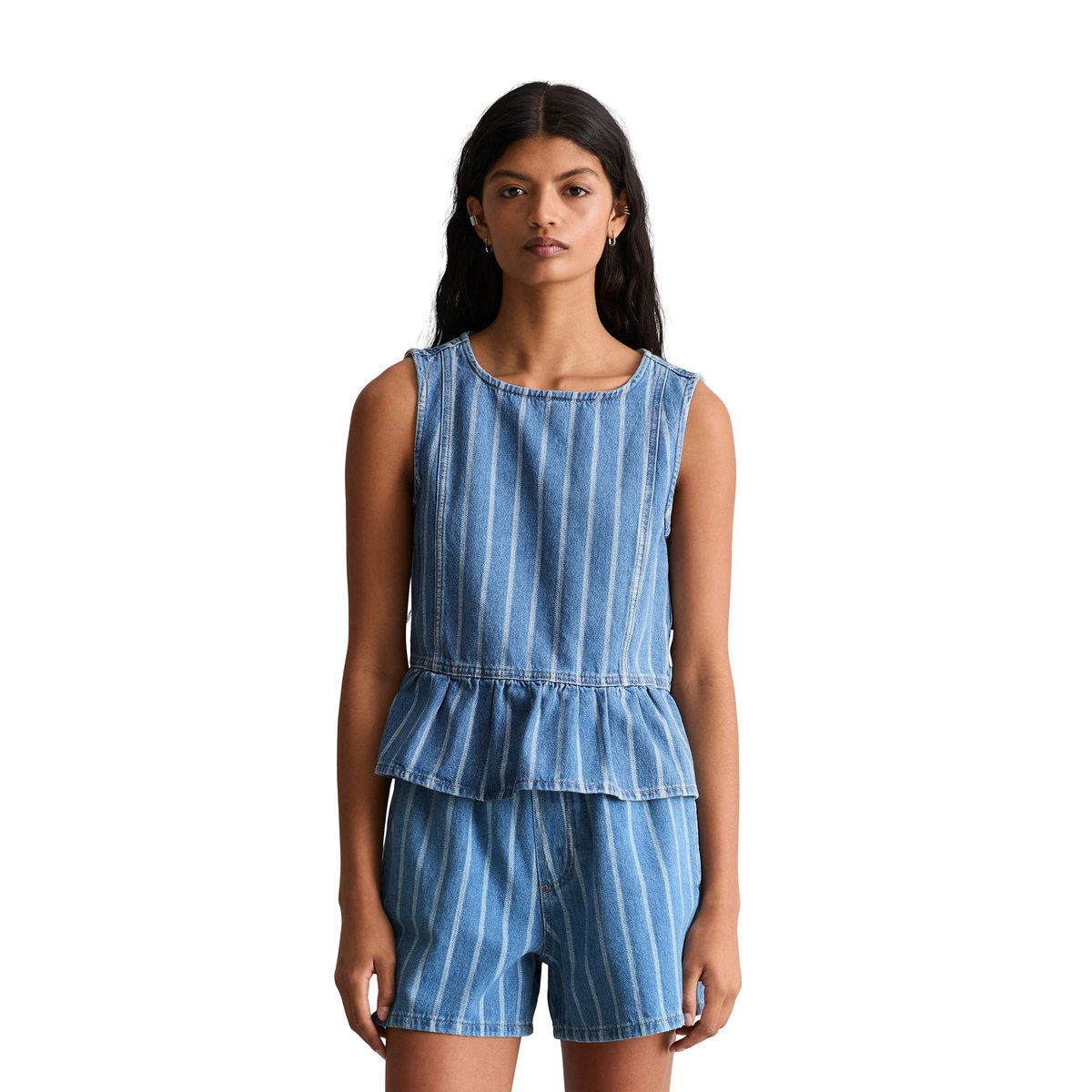 Blouse en jean-volant rayé relaxed en pur coton organique bleu, MARC O’POLO DENIM