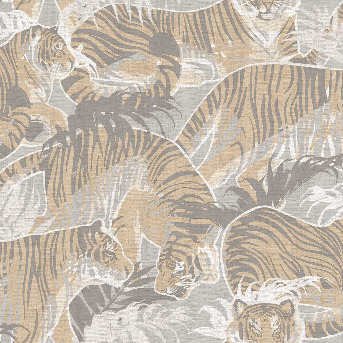 Papier peint tigres jungle beige et gris doux beige, HEXOA