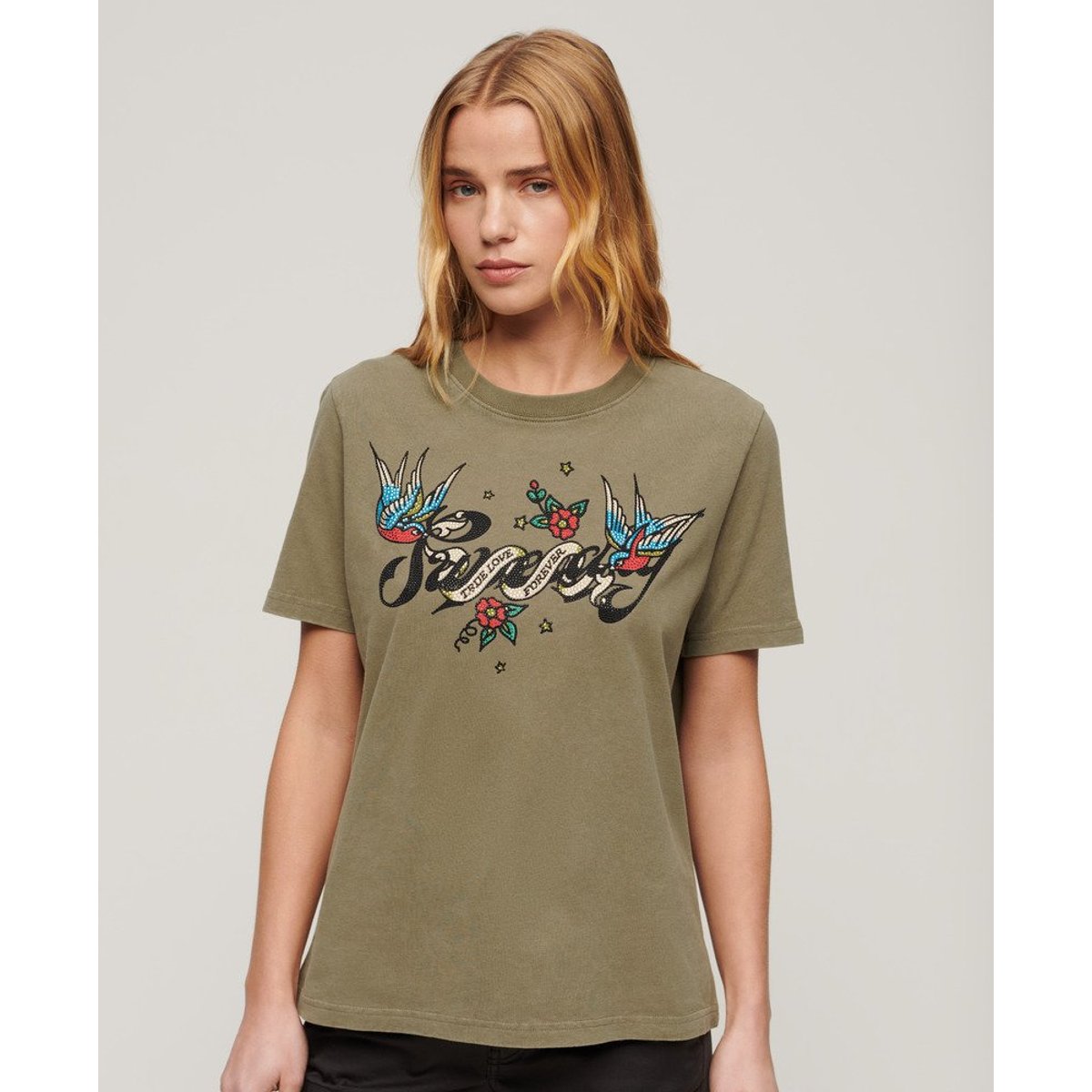 T-shirt à motif tatouage Script kaki mousse, SUPERDRY