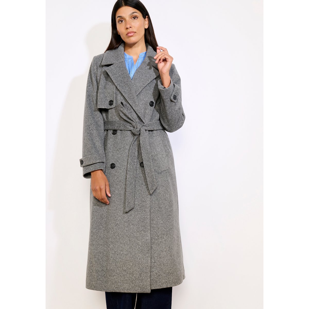 Manteau long croisé ceinturé gris, LOLALIZA