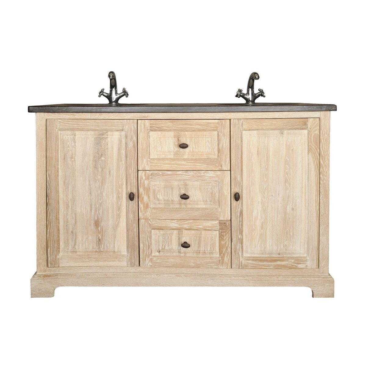 Meuble double vasque en chêne blanchie L140 et 2 miroirs (ensemble) - VIENNE II bois clair, HELLIN, DEPUIS 1862