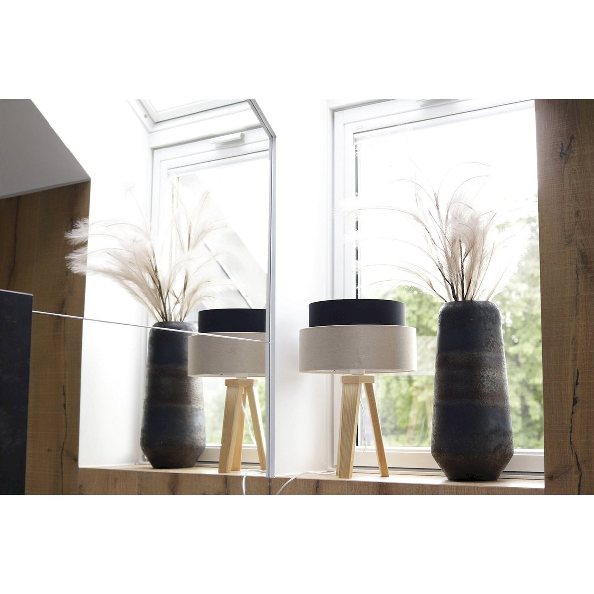 Lampe à poser ronde en métal, DUO ELÉGANT noir satin et beige champagne, BPS KONCEPT