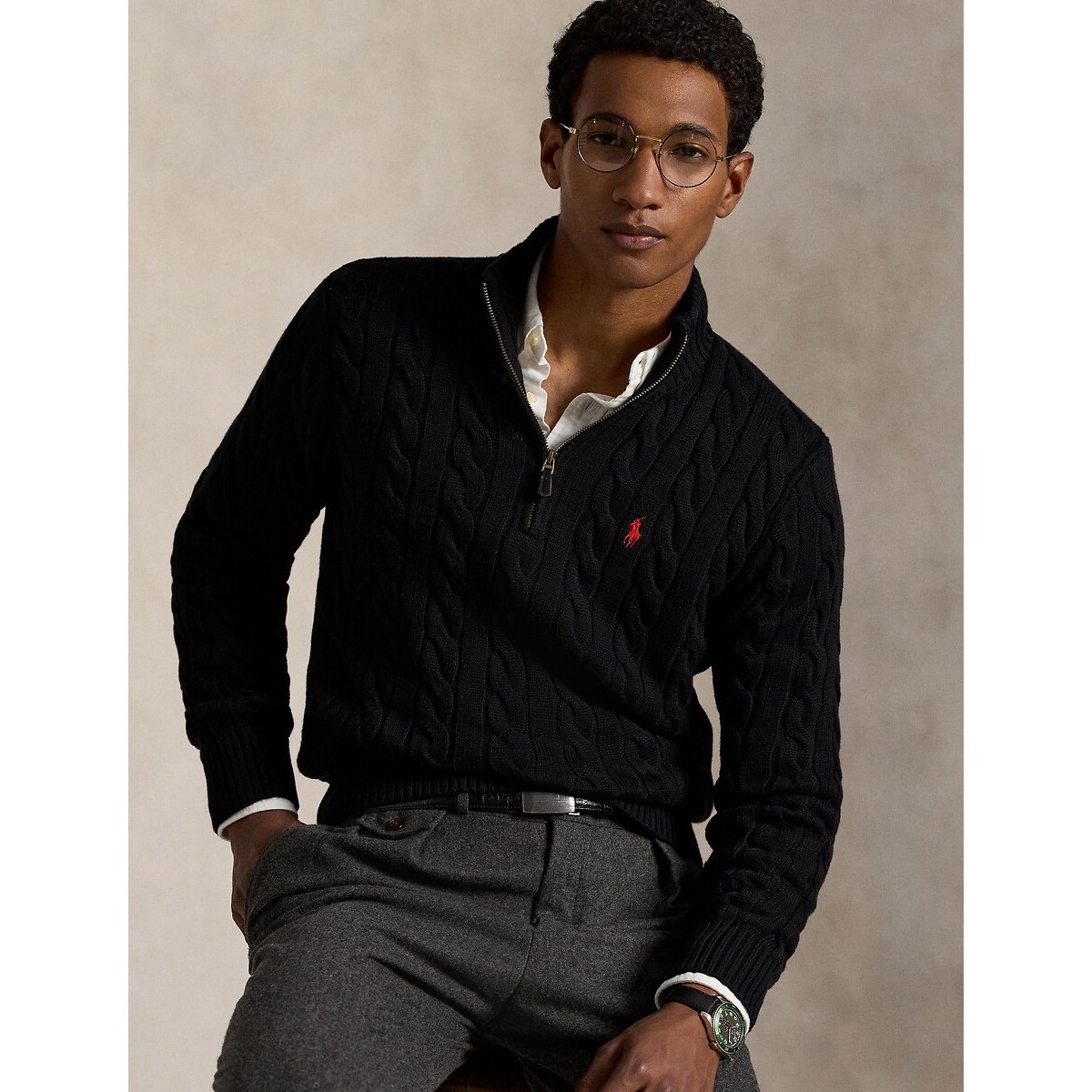 Half Zip Zopfmusterpullover aus Baumwolle schwarz, POLO RALPH LAUREN