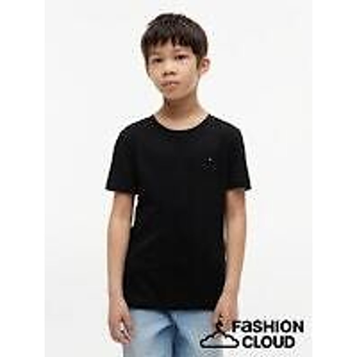 Camiseta de algodón, cuello redondo negro, TOMMY HILFIGER
