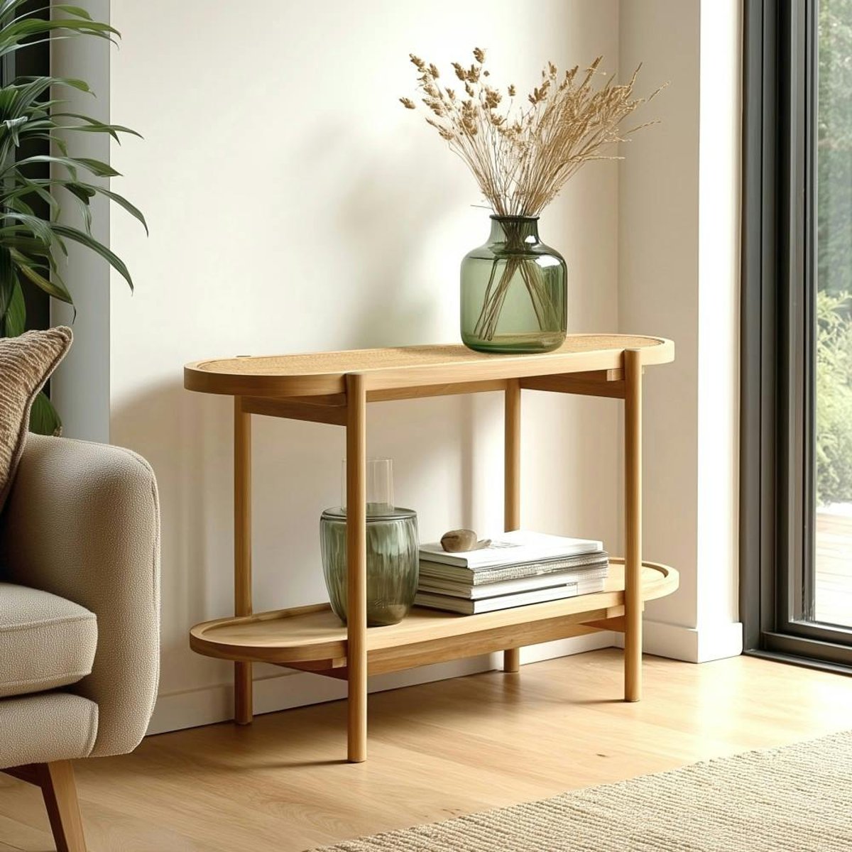 Console en mindi avec tablette supérieure en rotin naturel TIVARO bois naturel, PIER IMPORT