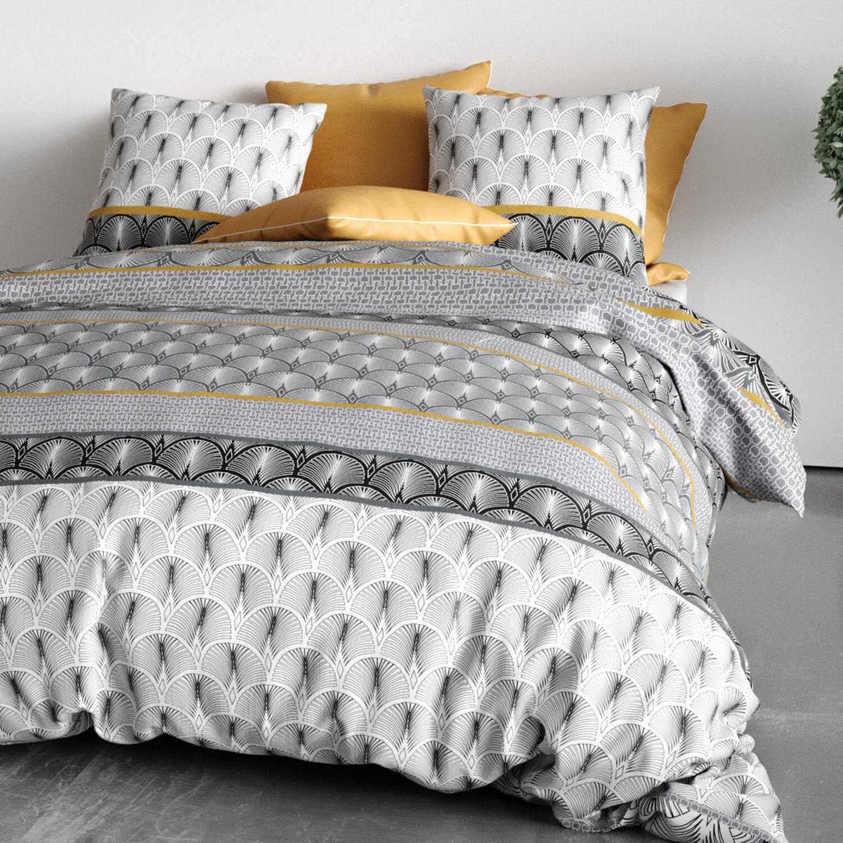 Parure housse de couette en coton imprimée, Sakigold gris, C DESIGN HOME TEXTILE