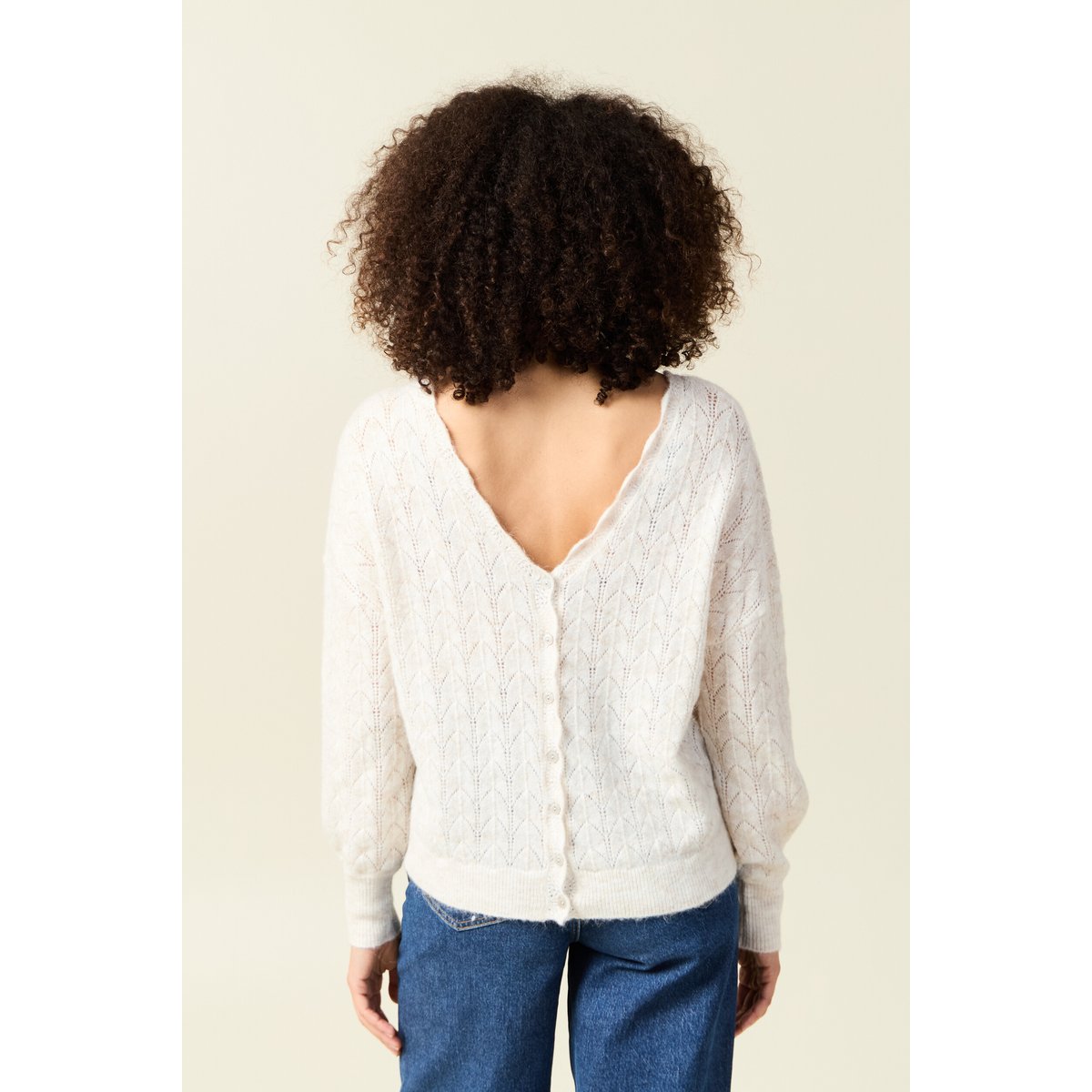 Gilet ajouré col V manches longues ecru, BONOBO