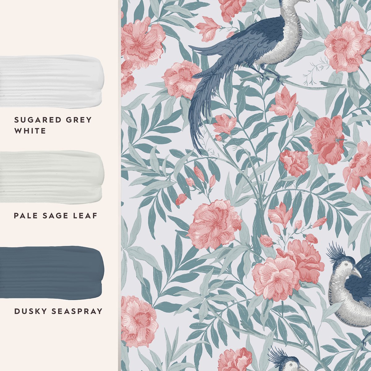 Papier peint Fleurs et oiseaux Osterley wood vert bleuté, corail, blanc grisé, LAURA ASHLEY