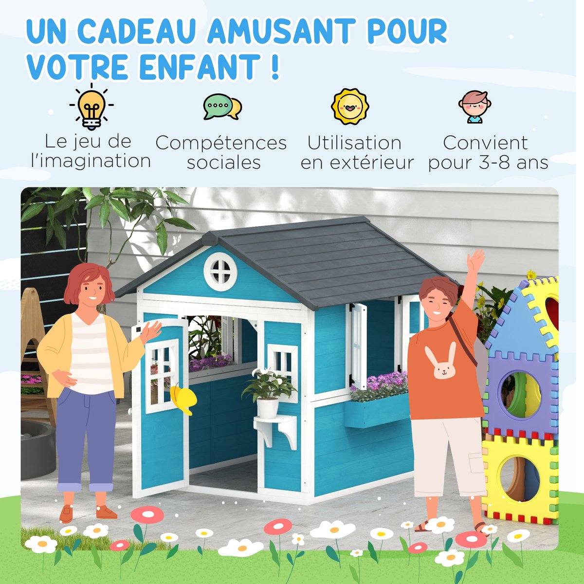 Maisonnette pour enfants Bois massif Bleu bleu, OUTSUNNY