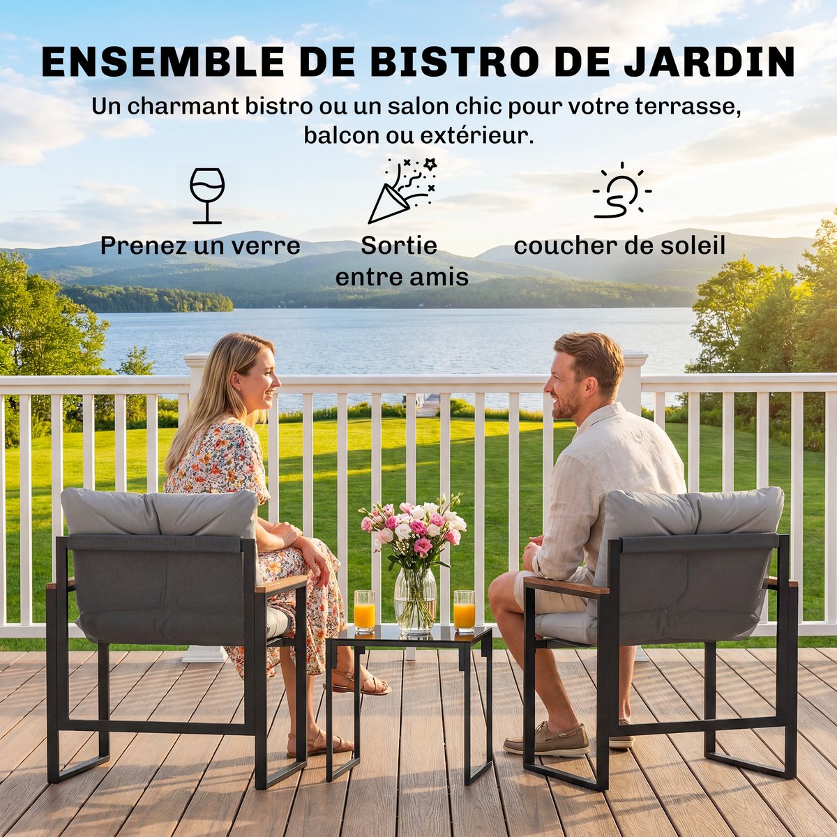 Ensemble de bistrot d'extérieur Métal Gris gris, noir, bois, OUTSUNNY