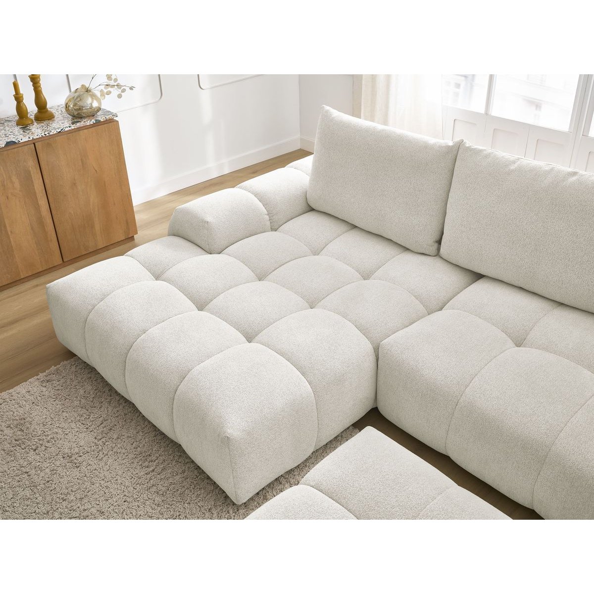 Canapé d'angle convertible 4 places en tissu chiné avec pouf, EVEREST blanc, BOBOCHIC