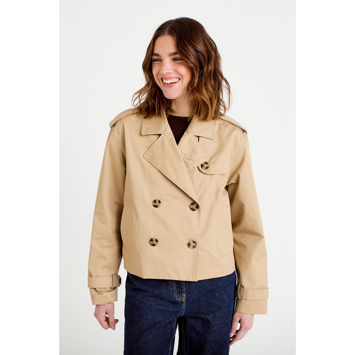 Trench droit court col tailleur sable, CACHE CACHE