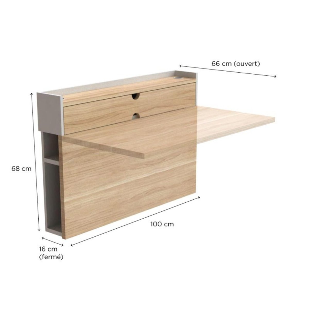 Bureau mural suspendu et rabattable frêne U-LINE blanc, MOB IN