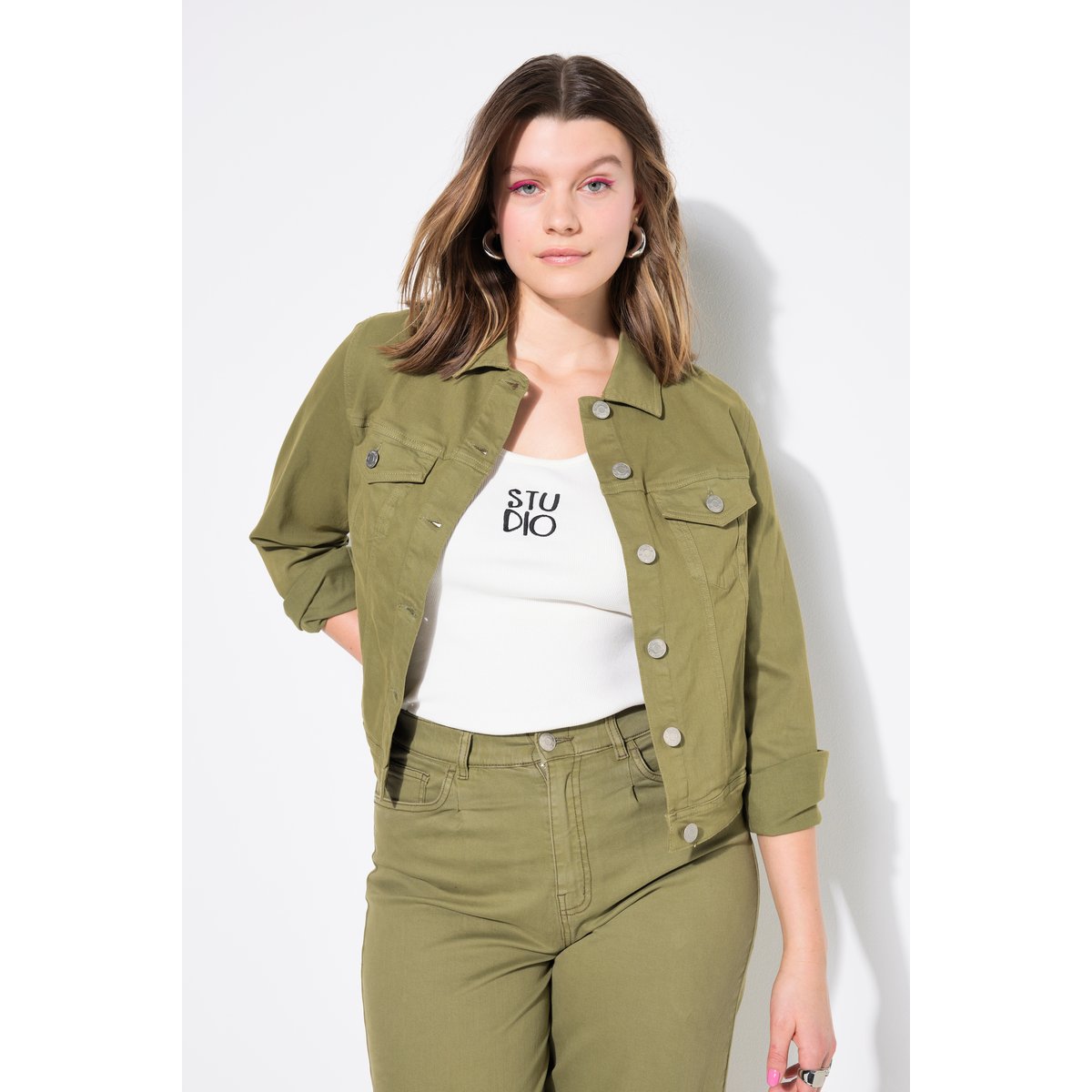 Veste en jean 4 poches, tissu sergé vert mousse, STUDIO UNTOLD