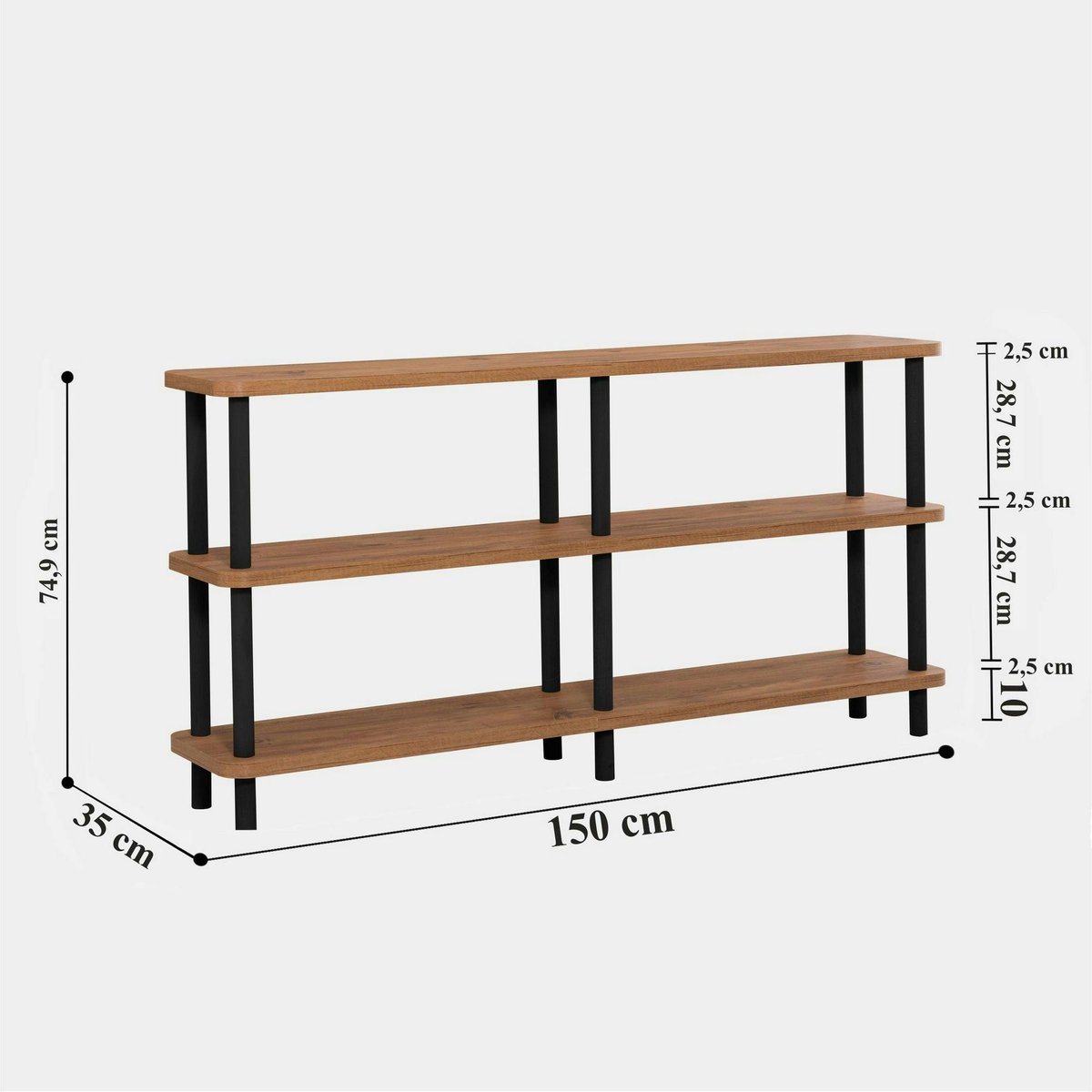 Bibliothèque basse structure noire - 3 niveaux, 150 cm MARFA bois naturel, PIER IMPORT